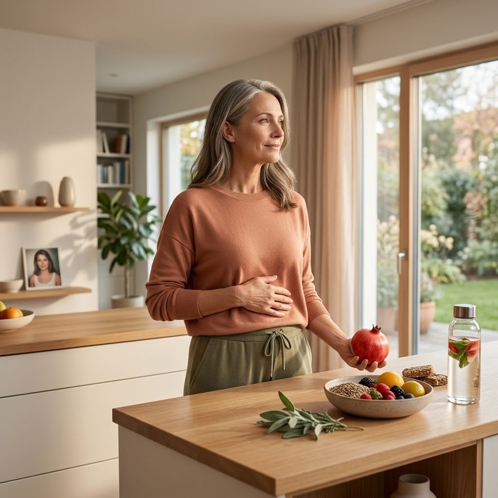 Frau um die 50 in heller Küche mit Obstschale und Granatapfel